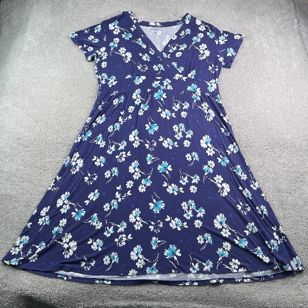 LL Bean Dress Womens 1X Blue Floral Midi Faux Wrap Empire Waist Short Sleeve